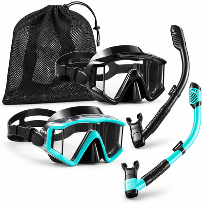 Aqua panoramic dry-top snorkel set with mesh travel bag on white background
