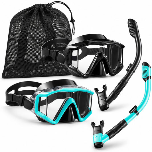 Aqua panoramic dry-top snorkel set with mesh travel bag on white background