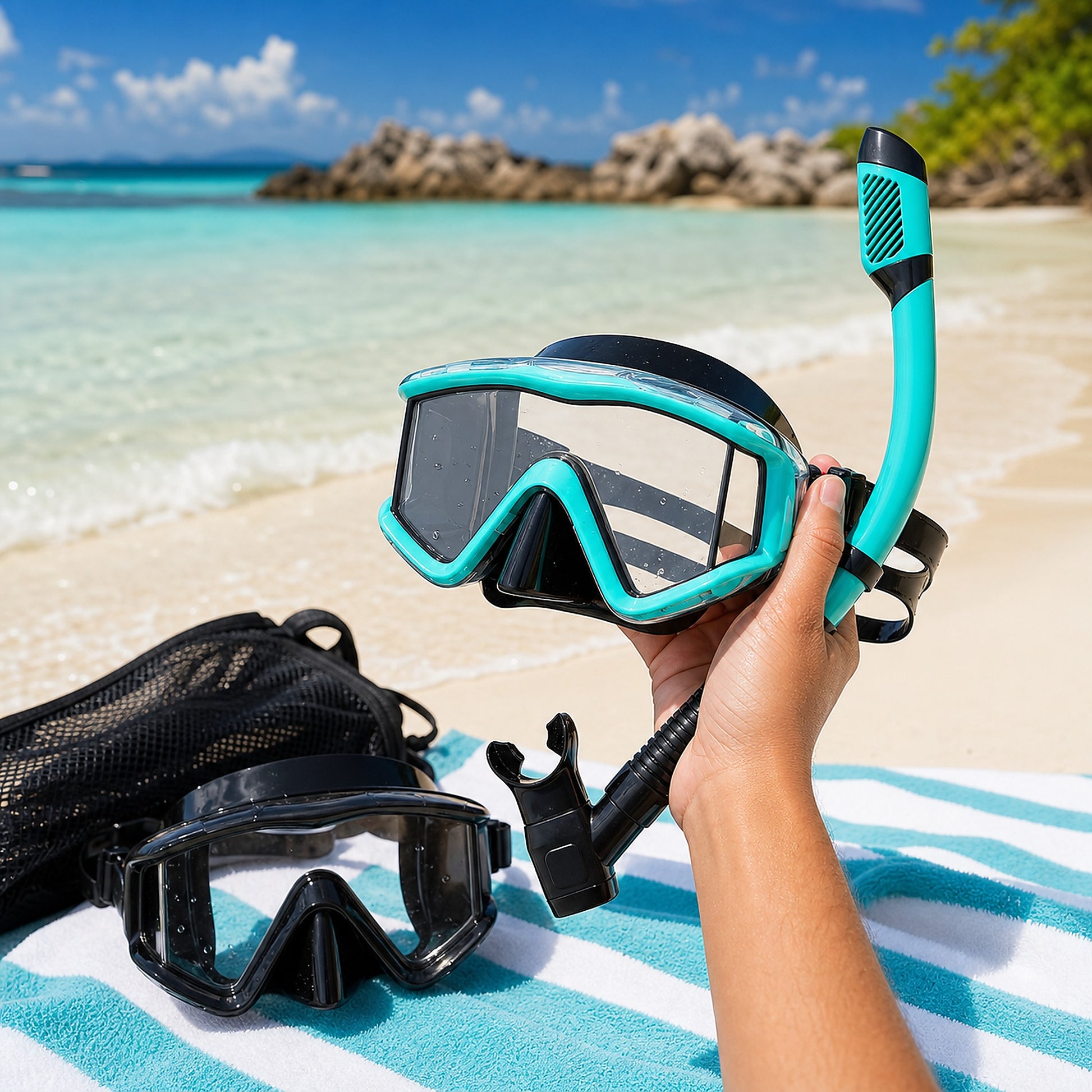 Aqua panoramic snorkel mask and dry-top snorkel held on a sunny beach with black set and mesh bag nearby