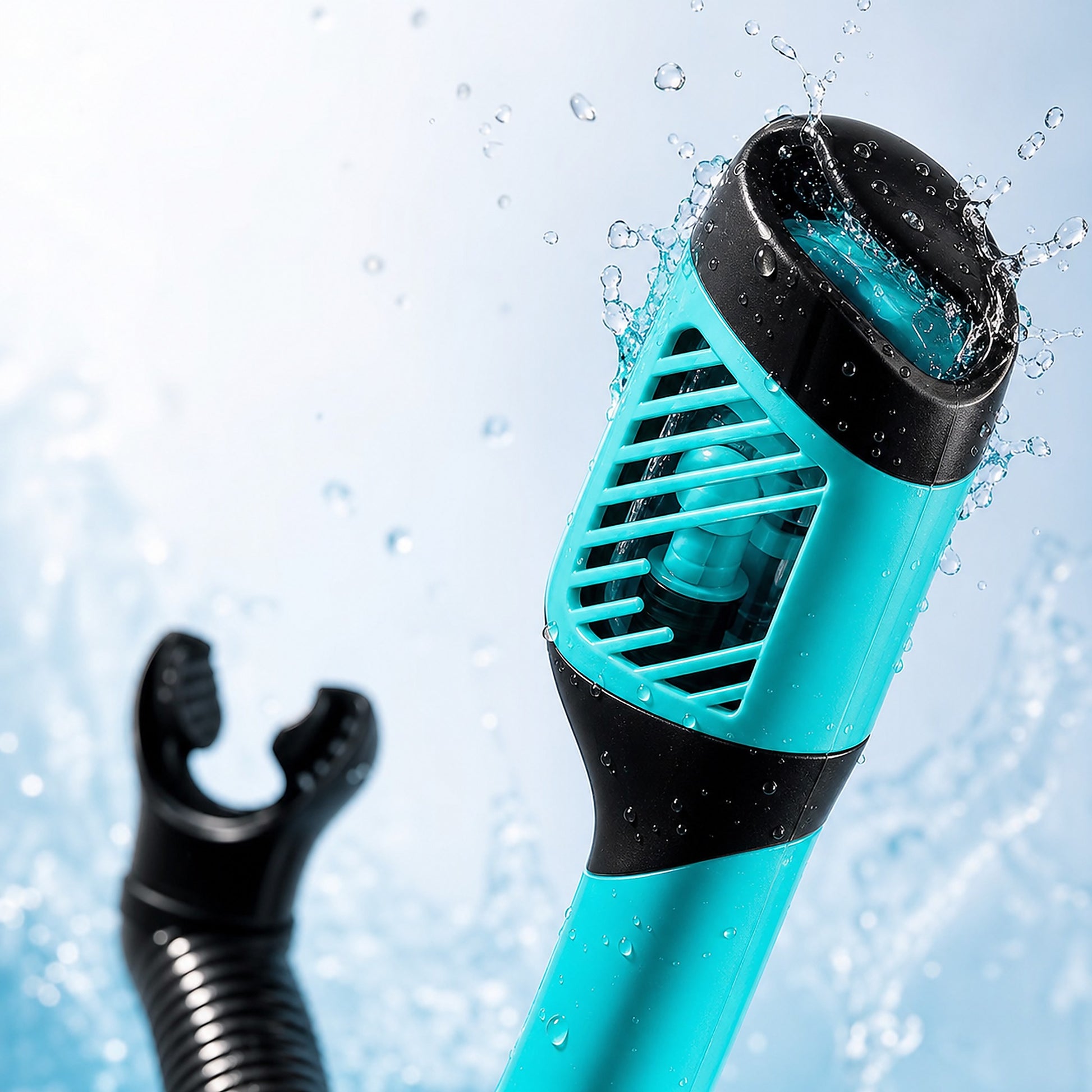 Close-up of aqua dry-top snorkel valve with water splash detail