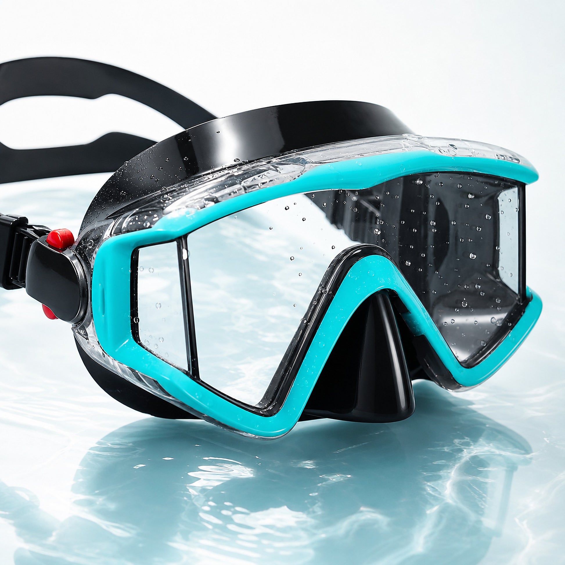Close-up of panoramic snorkel mask with clear lenses, aqua frame, and soft leak-resistant skirt