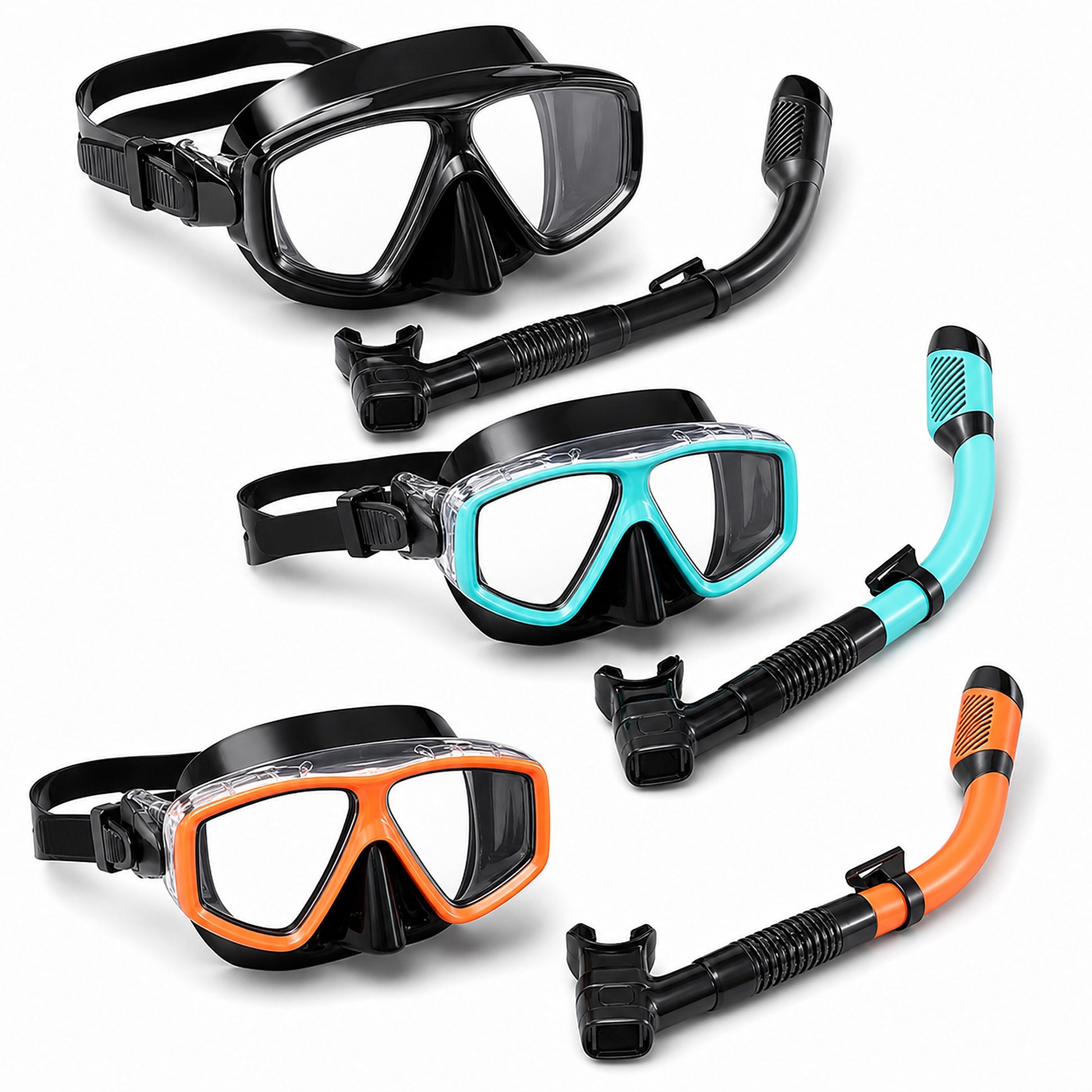 Adult youth and kids snorkel mask and dry-top snorkel color options in black aqua and orange