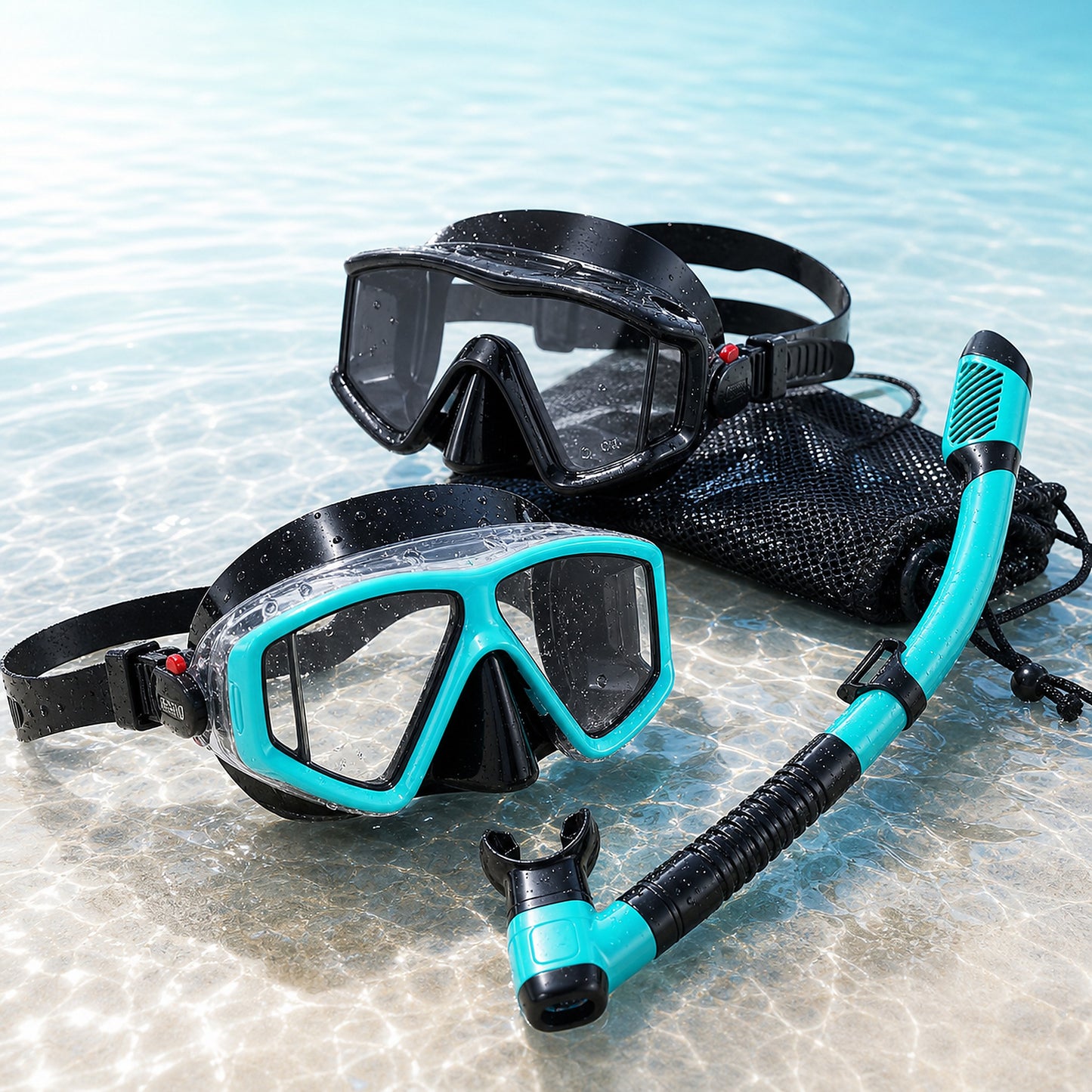 Black and aqua panoramic snorkel sets with mesh bag on clear water background