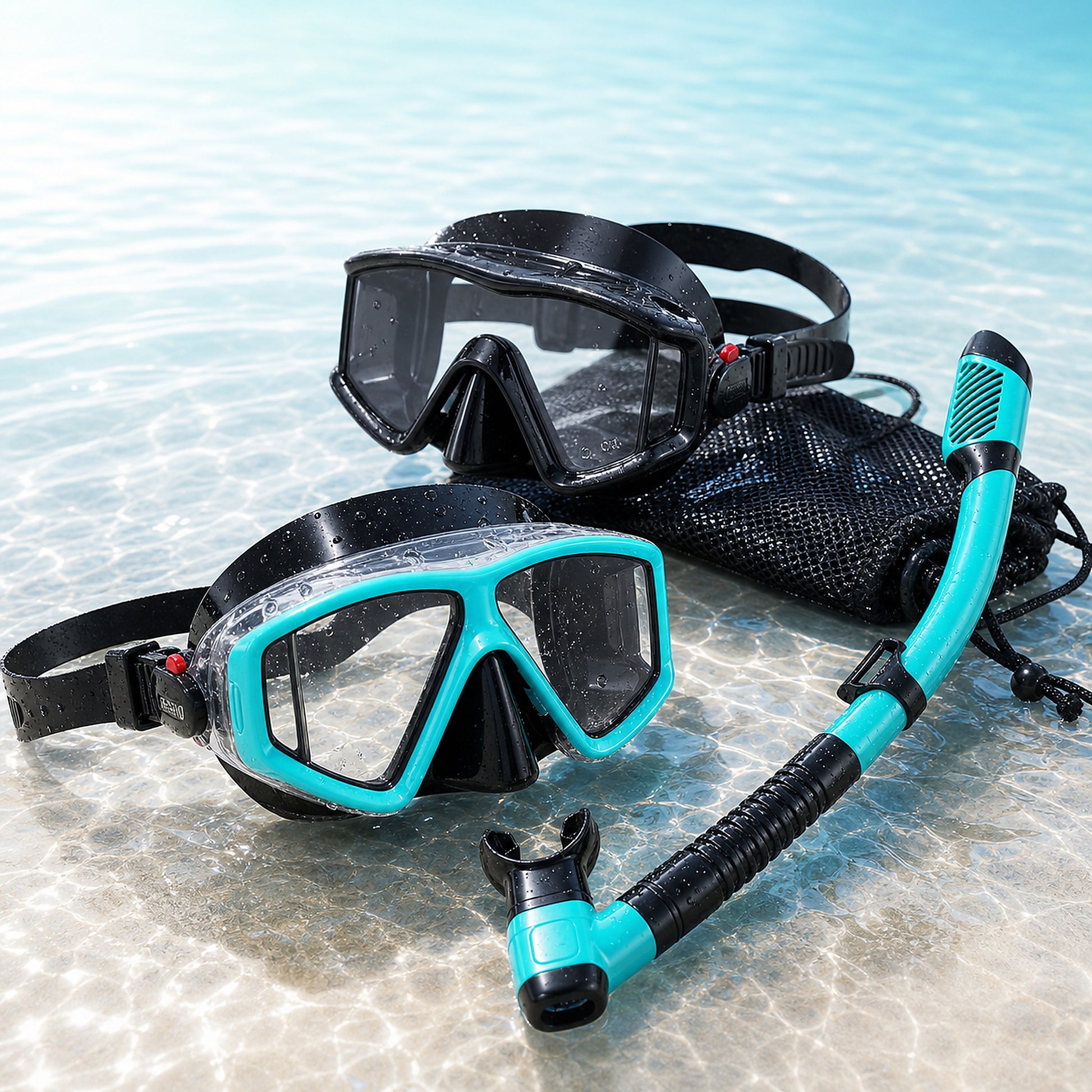 Black and aqua panoramic snorkel sets with mesh bag on clear water background