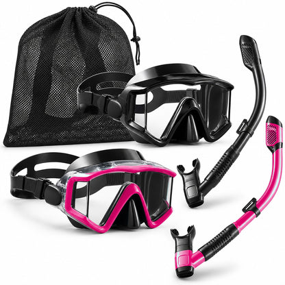 Pink and black panoramic dry-top snorkel set with mesh travel bag on white background