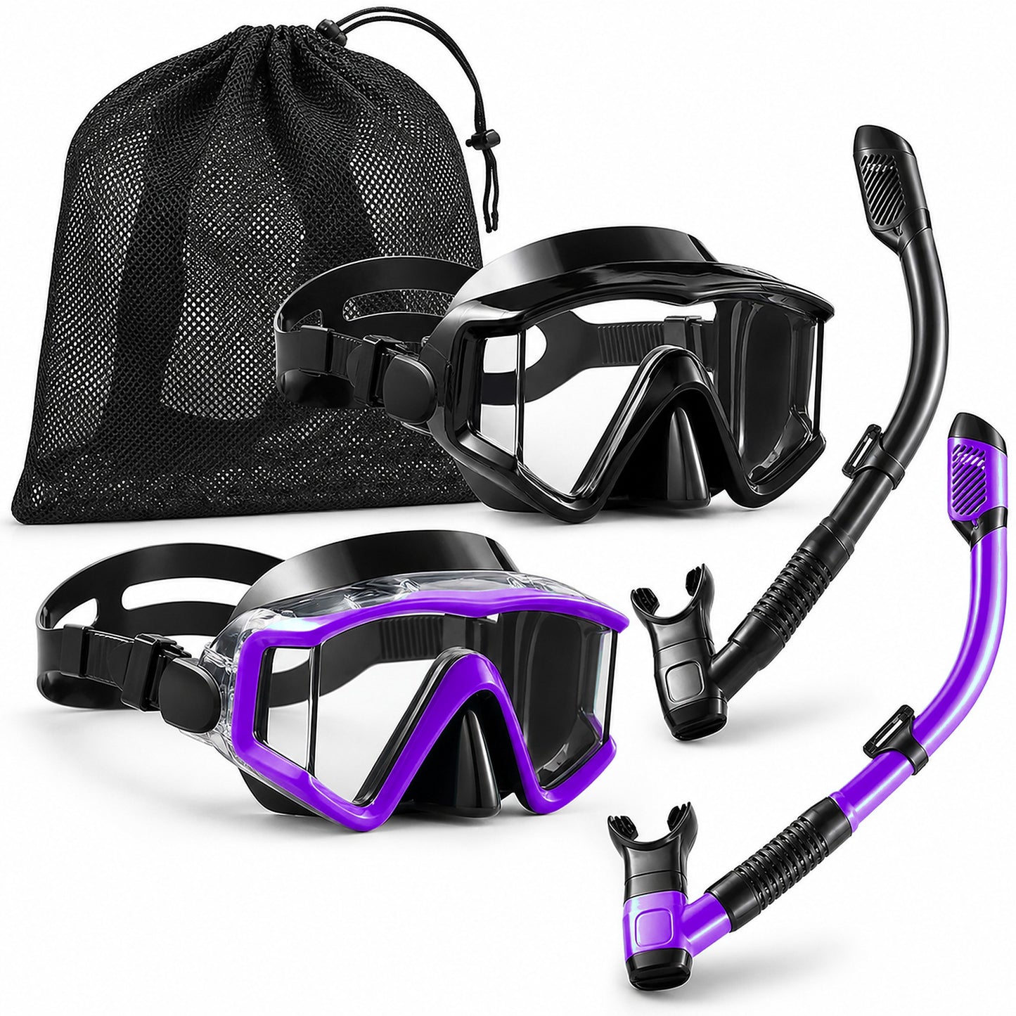 Purple and black panoramic dry-top snorkel set with mesh travel bag on white background