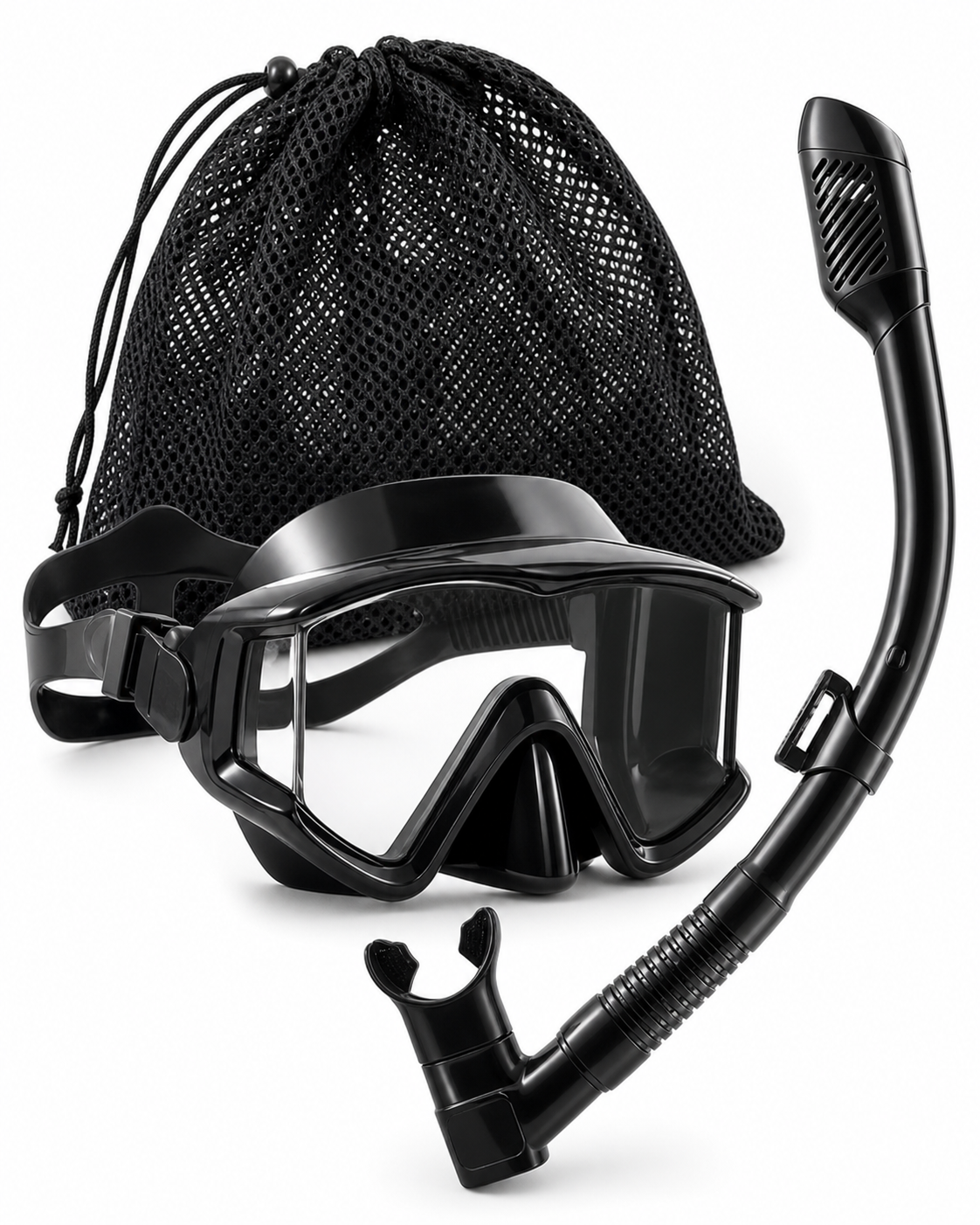 Black panoramic dry-top snorkel set with mesh travel bag on white background