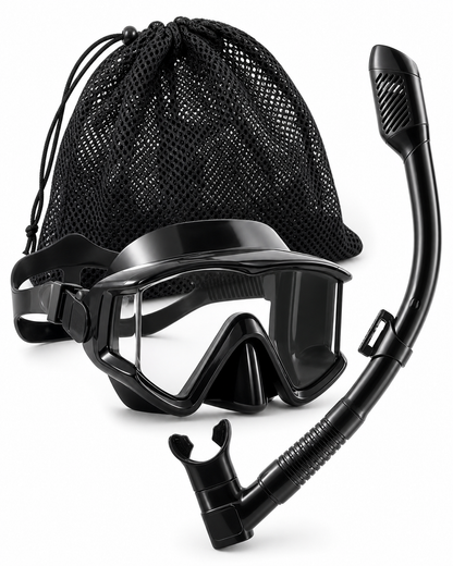 Black panoramic dry-top snorkel set with mesh travel bag on white background