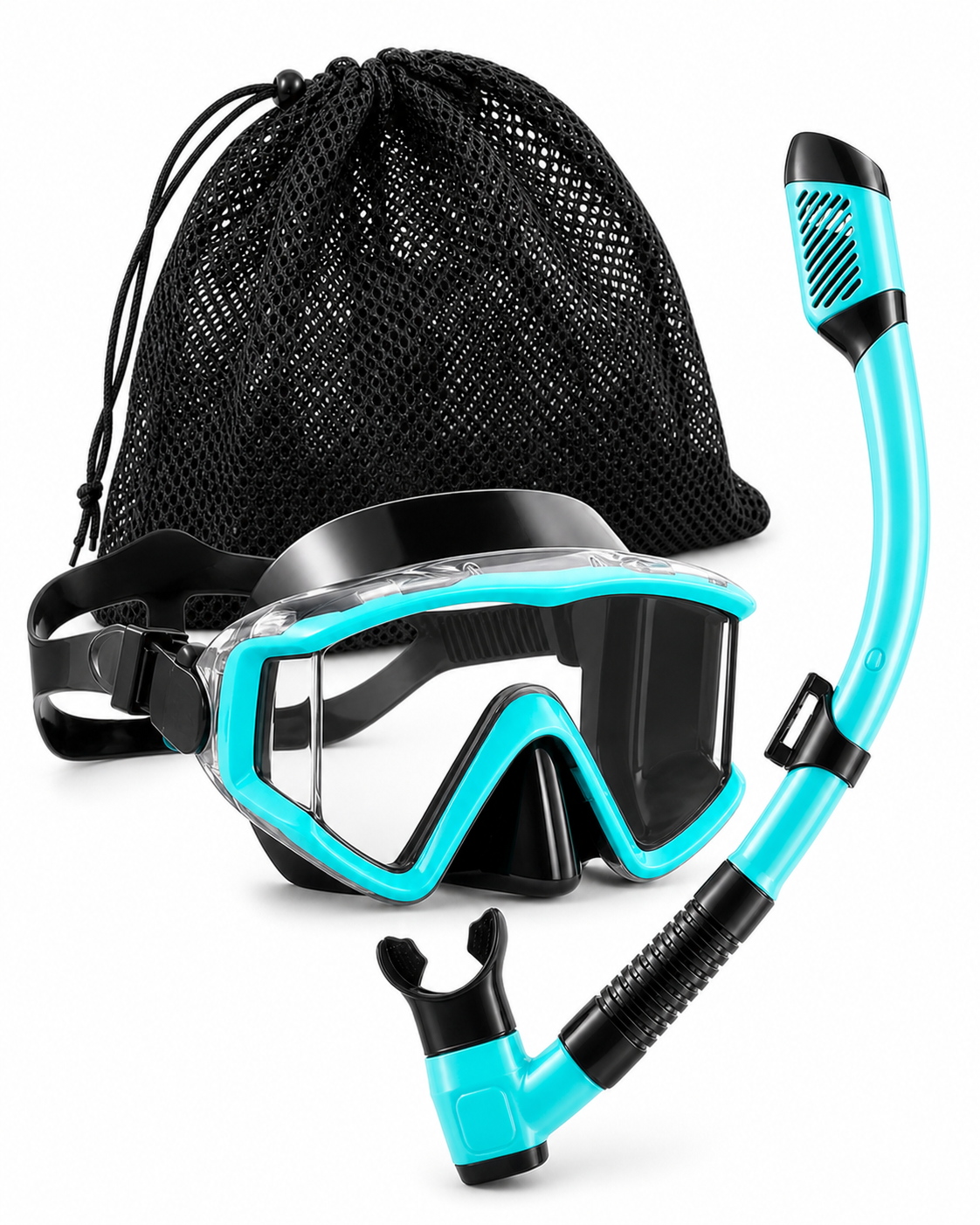 Aqua panoramic dry-top snorkel set with mesh travel bag on white background