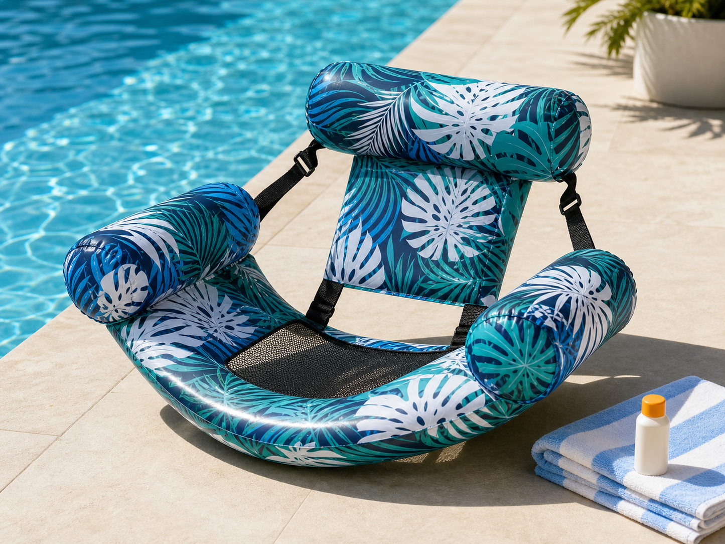 TideRove inflatable pool float chair on pool deck with mesh center and headrest